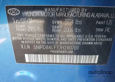 2018 Hyundai Elantra Sel from USA, damaged, VIN 5NPD84LF3JH240701